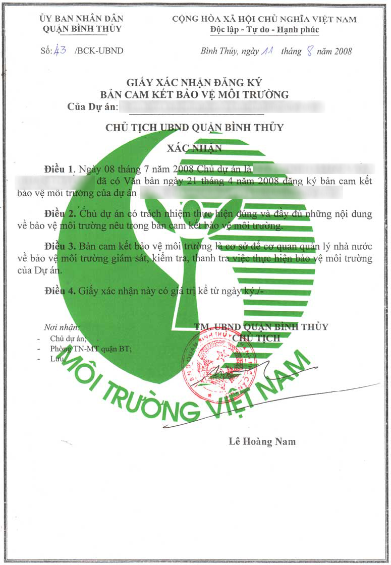 Giấy xác nhận đăng ký bản cam kết bảo vệ môi trường - Luật Việt Tín